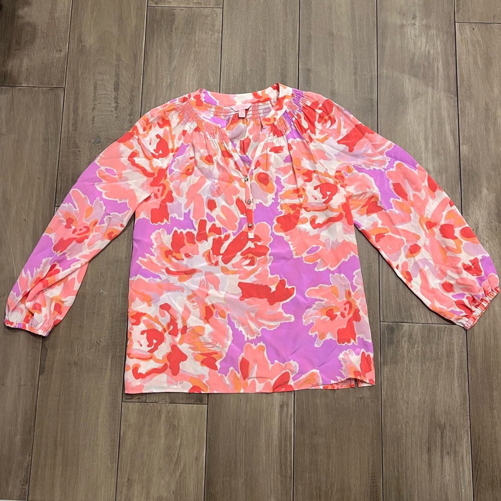 Lilly Pulitzer Elsa Silk Top- Pink, Purple, and White Print